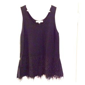 NWT, LOFT, Black Knit Tank w/ Lace Hem. L